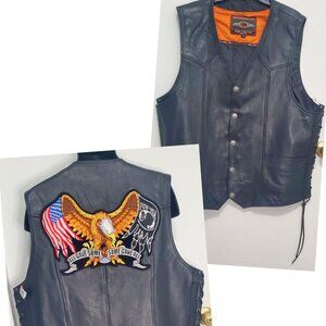 BUFFALO LEATHER GEAR~ Biker Vest w/ American Eagle- POW*MIA Back Patch- Size: XL